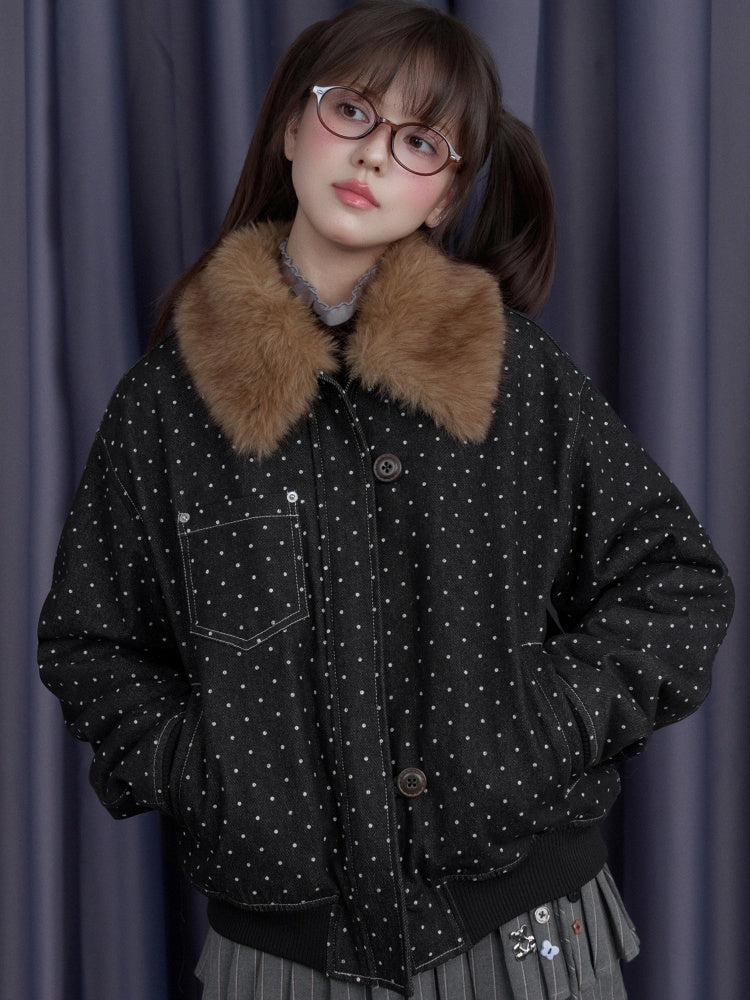 Detachable Fur Collar Polka Dot Fleece Thickened Warm Jacket【s0000014810】