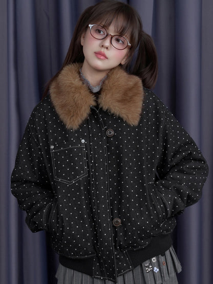 Detachable Fur Collar Polka Dot Fleece Thickened Warm Jacket【s0000014810】