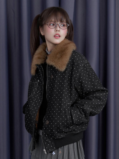Detachable Fur Collar Polka Dot Fleece Thickened Warm Jacket【s0000014810】