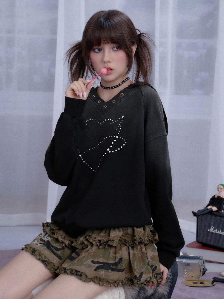 Sweet Cool Heart Logo Rhinestone Hooded Loose Slim Sweatshirt【s0000014811】