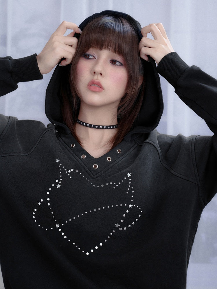Sweet Cool Heart Logo Rhinestone Hooded Loose Slim Sweatshirt【s0000014811】