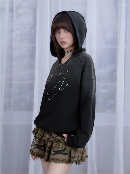 Sweet Cool Heart Logo Rhinestone Hooded Loose Slim Sweatshirt【s0000014811】