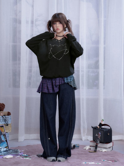 Sweet Cool Heart Logo Rhinestone Hooded Loose Slim Sweatshirt【s0000014811】