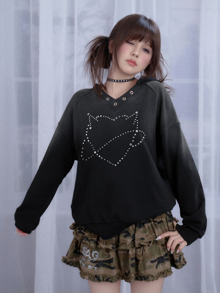 Sweet Cool Heart Logo Rhinestone Hooded Loose Slim Sweatshirt【s0000014811】