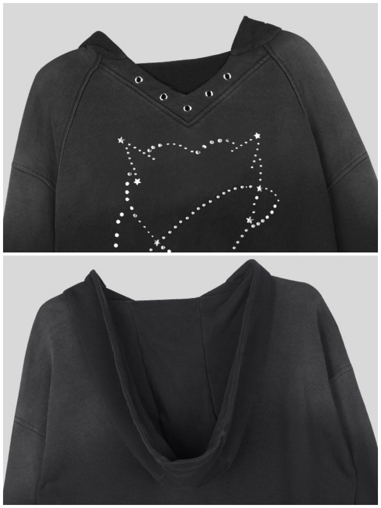 Sweet Cool Heart Logo Rhinestone Hooded Loose Slim Sweatshirt【s0000014811】