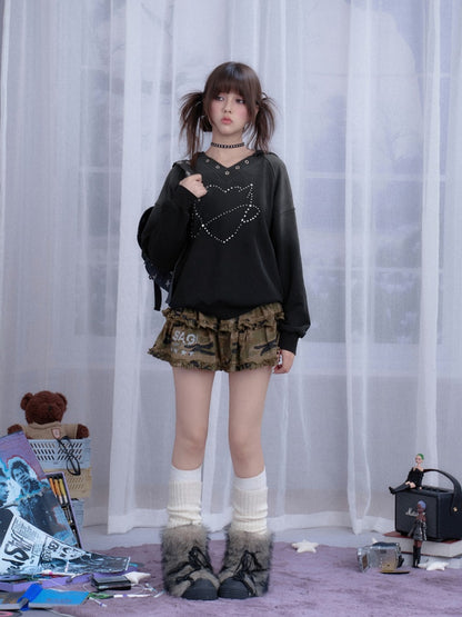 Sweet Cool Heart Logo Rhinestone Hooded Loose Slim Sweatshirt【s0000014811】