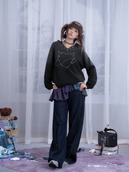 Sweet Cool Heart Logo Rhinestone Hooded Loose Slim Sweatshirt【s0000014811】