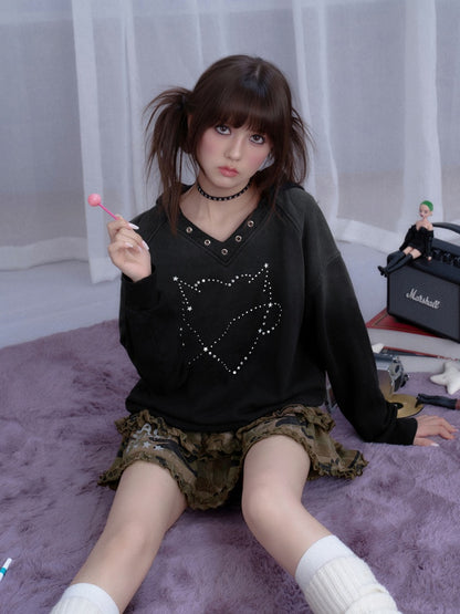 Sweet Cool Heart Logo Rhinestone Hooded Loose Slim Sweatshirt【s0000014811】