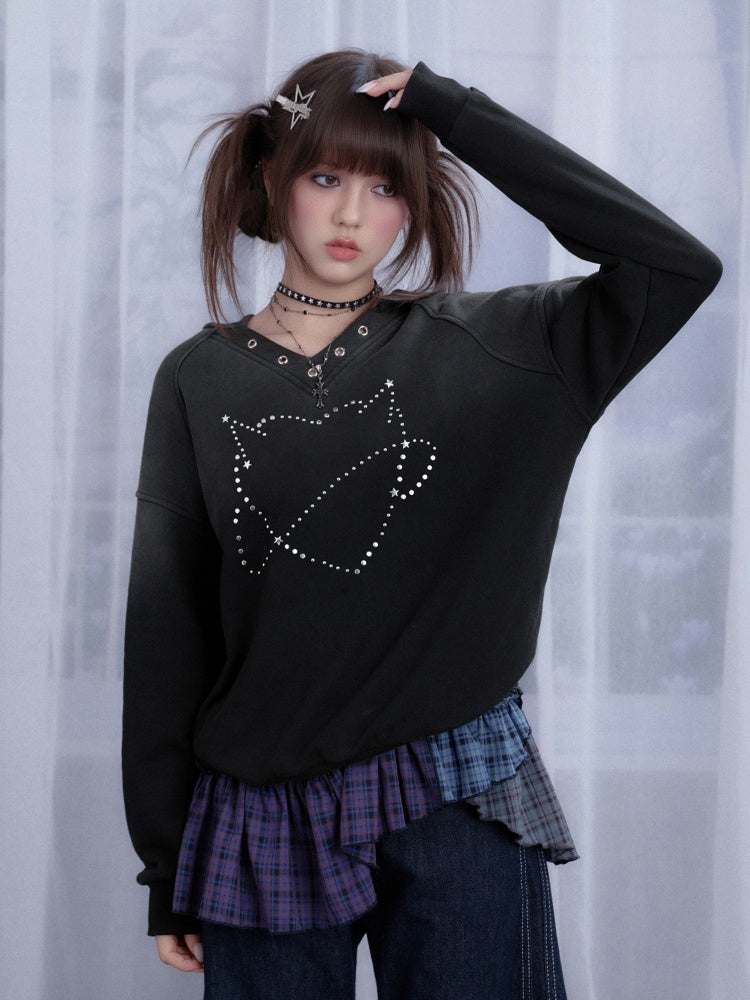 Sweet Cool Heart Logo Rhinestone Hooded Loose Slim Sweatshirt【s0000014811】