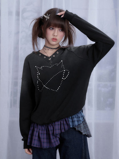 Sweet Cool Heart Logo Rhinestone Hooded Loose Slim Sweatshirt【s0000014811】