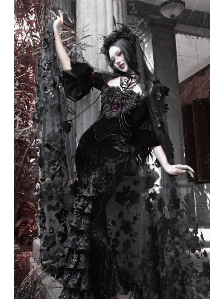 Castle Thriller Crimson Gothic Velvet Bandeau Dress Mermaid Skirt Dress【s0000014814】