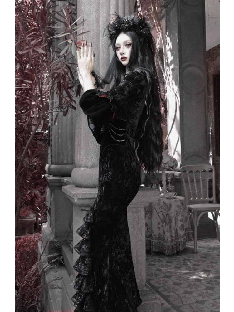 Castle Thriller Crimson Gothic Velvet Bandeau Dress Mermaid Skirt Dress【s0000014814】