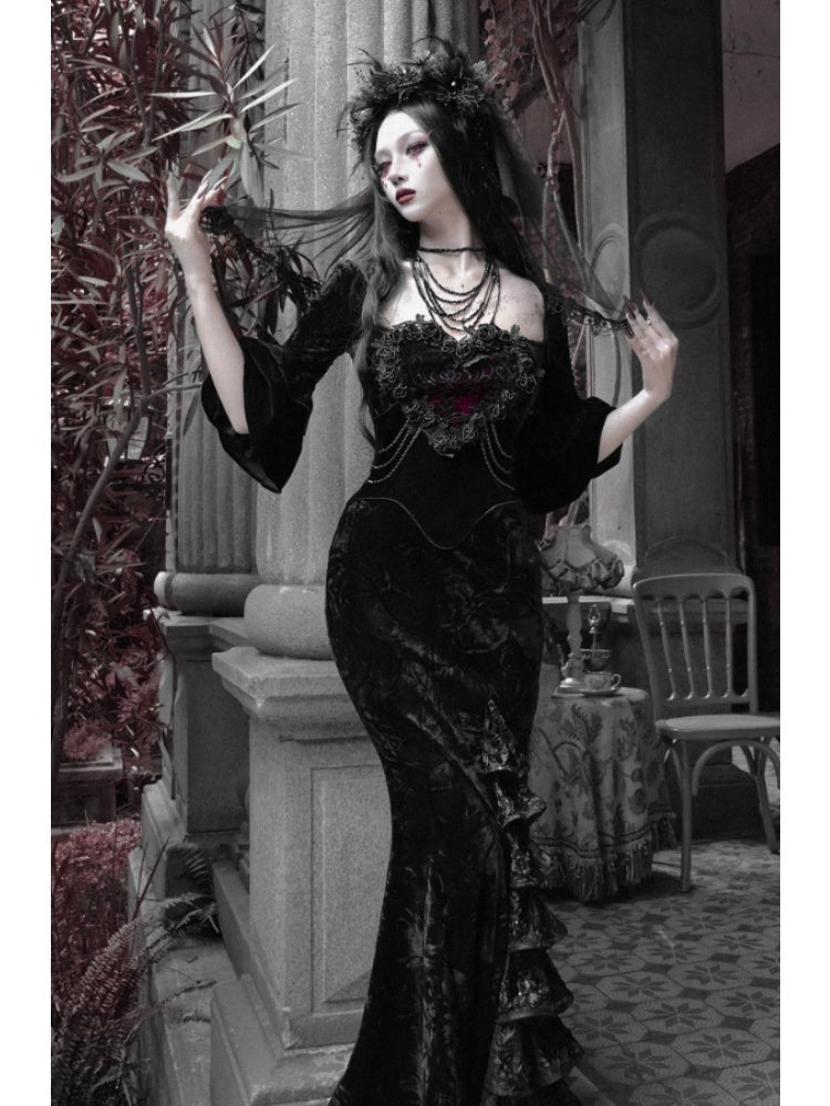 Castle Thriller Crimson Gothic Velvet Bandeau Dress Mermaid Skirt Dress【s0000014814】