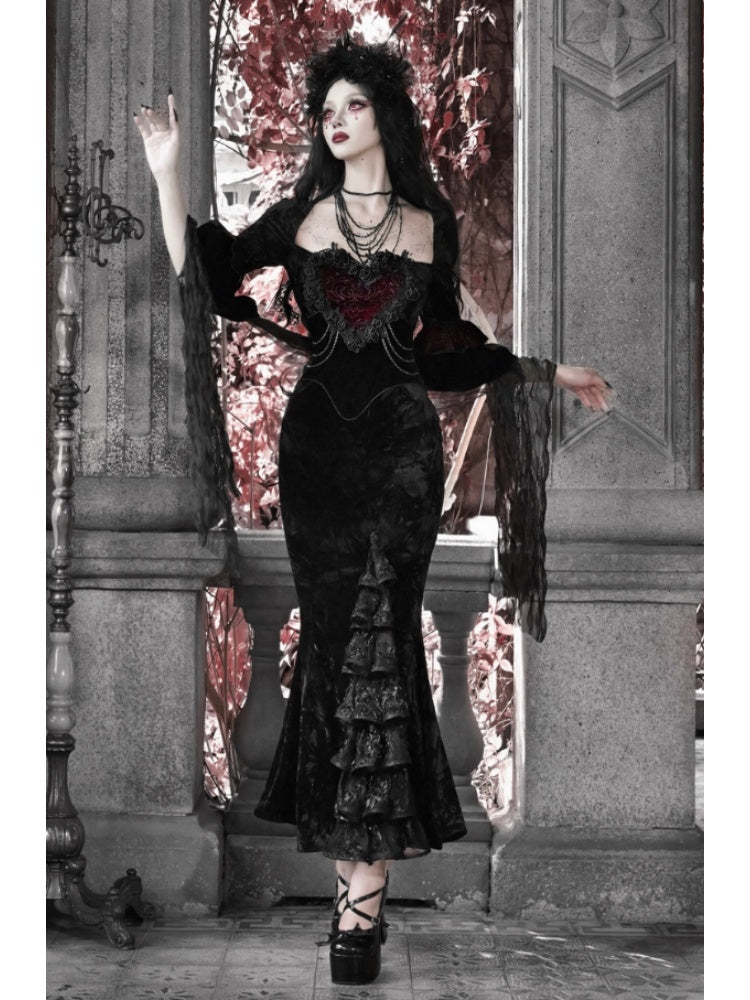 Castle Thriller Crimson Gothic Velvet Bandeau Dress Mermaid Skirt Dress【s0000014814】