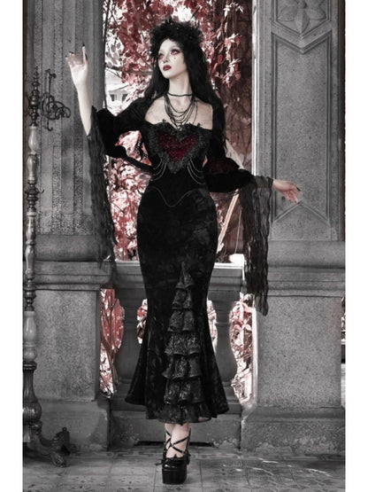Castle Thriller Crimson Gothic Velvet Bandeau Dress Mermaid Skirt Dress【s0000014814】