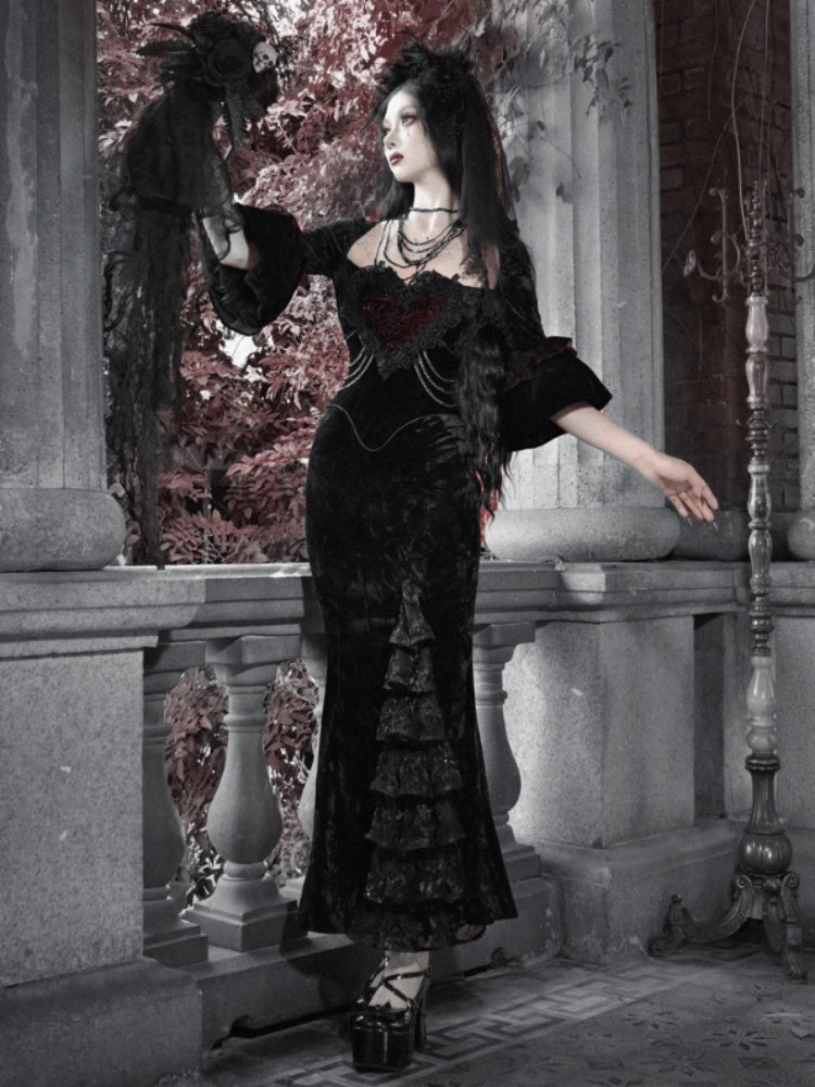 Castle Thriller Crimson Gothic Velvet Bandeau Dress Mermaid Skirt Dress【s0000014814】