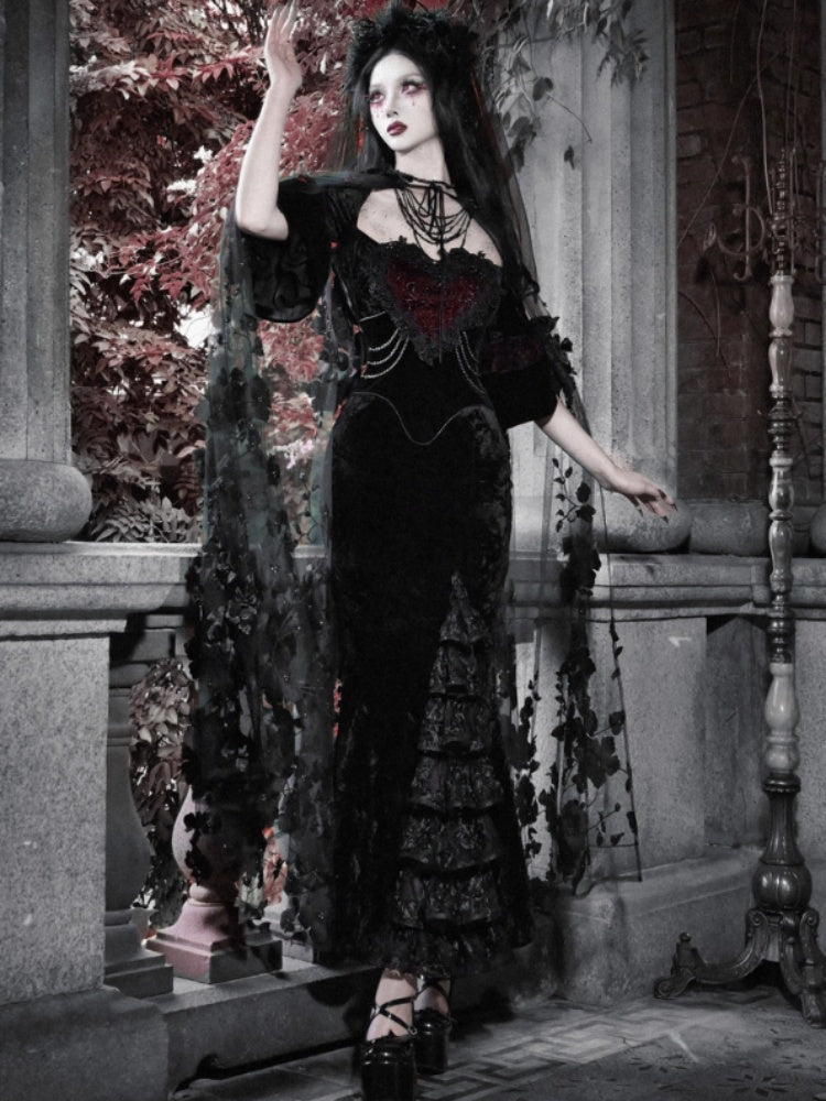 Castle Thriller Crimson Gothic Velvet Bandeau Dress Mermaid Skirt Dress【s0000014814】