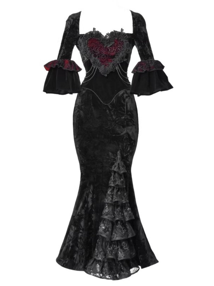 Castle Thriller Crimson Gothic Velvet Bandeau Dress Mermaid Skirt Dress【s0000014814】