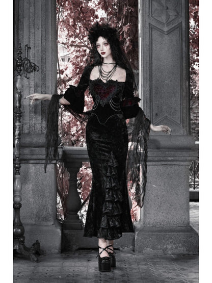 Castle Thriller Crimson Gothic Velvet Bandeau Dress Mermaid Skirt Dress【s0000014814】