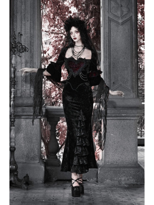 Castle Thriller Crimson Gothic Velvet Bandeau Dress Mermaid Skirt Dress【s0000014814】