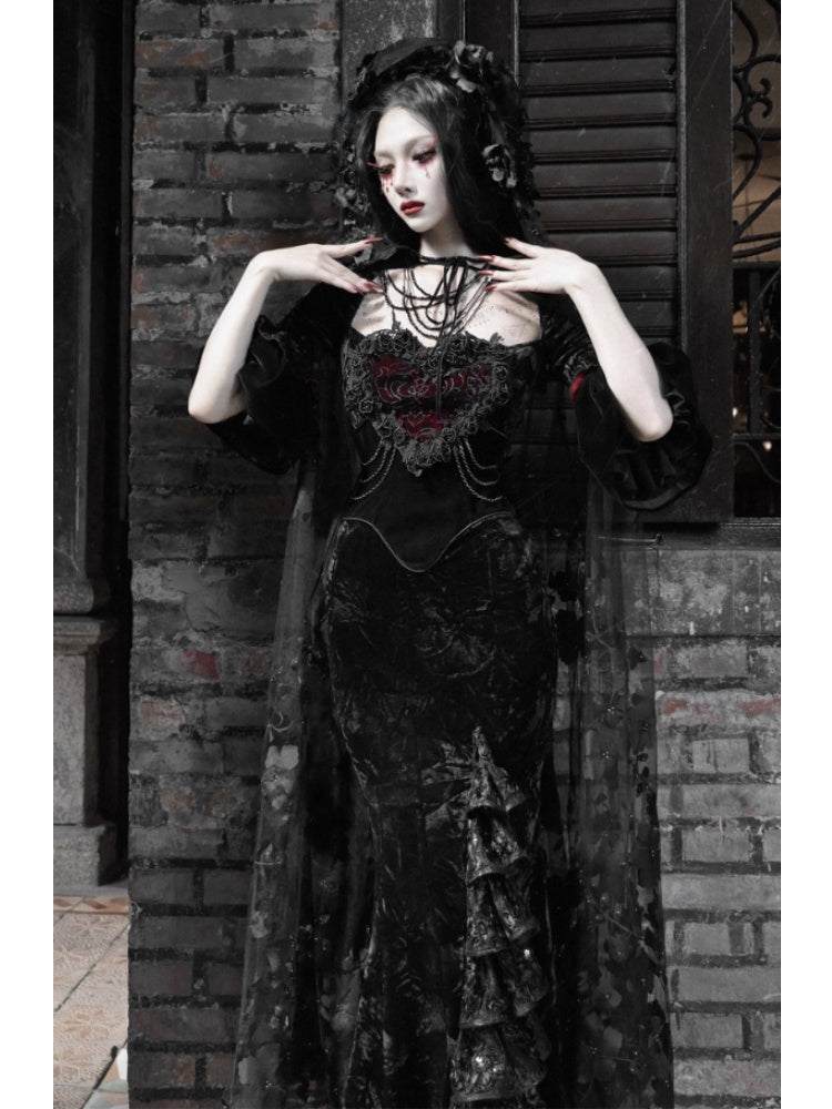 Castle Thriller Crimson Gothic Velvet Bandeau Dress Mermaid Skirt Dress【s0000014814】