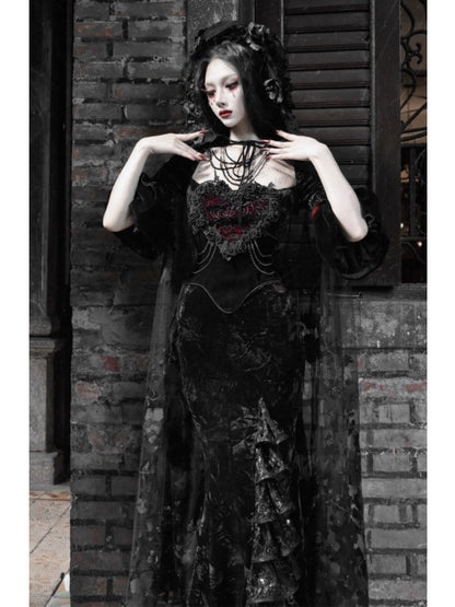 Castle Thriller Crimson Gothic Velvet Bandeau Dress Mermaid Skirt Dress【s0000014814】