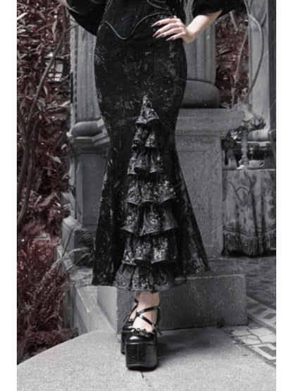 Castle Thriller Crimson Gothic Velvet Bandeau Dress Mermaid Skirt Dress【s0000014814】