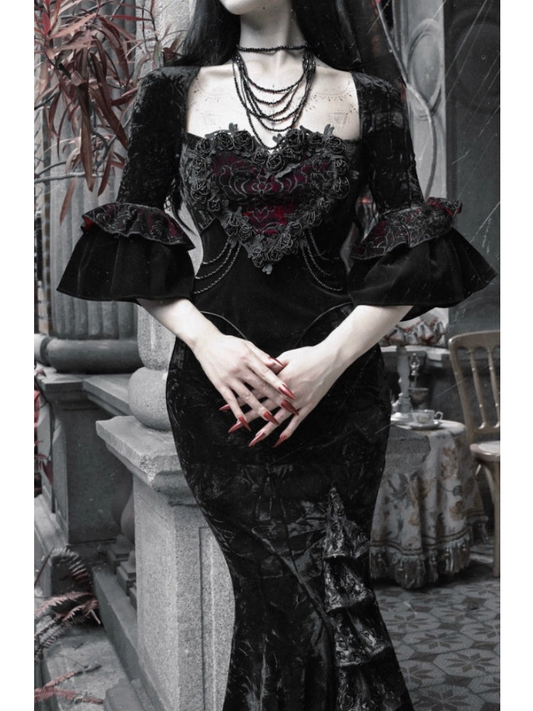 Castle Thriller Crimson Gothic Velvet Bandeau Dress Mermaid Skirt Dress【s0000014814】