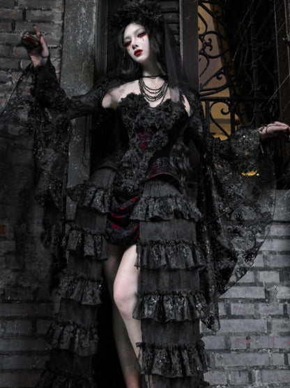 Castle Thriller Scarlet Gothic Multi-Layer Trailing Skirt Banquet【s0000014817】