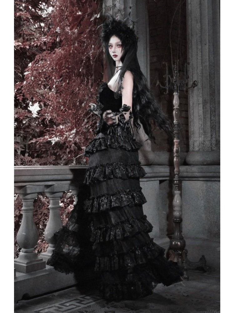 Castle Thriller Scarlet Gothic Multi-Layer Trailing Skirt Banquet【s0000014817】