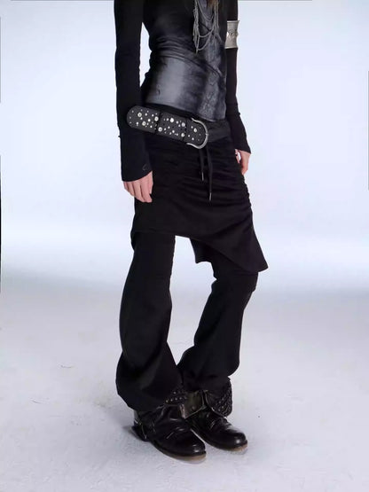 Fake Two Stretch Fabric Shirring Layered Skirt Scimitar Casual Sweat Pants【s0000014946】