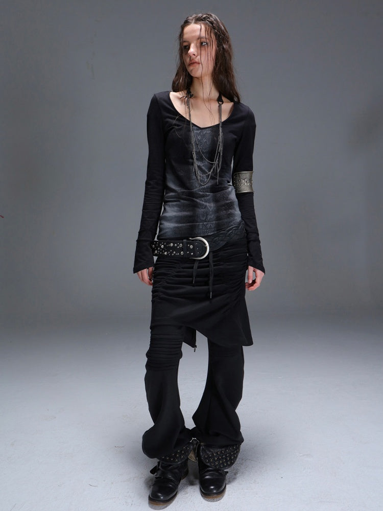 Fake Two Stretch Fabric Shirring Layered Skirt Scimitar Casual Sweat Pants【s0000014946】