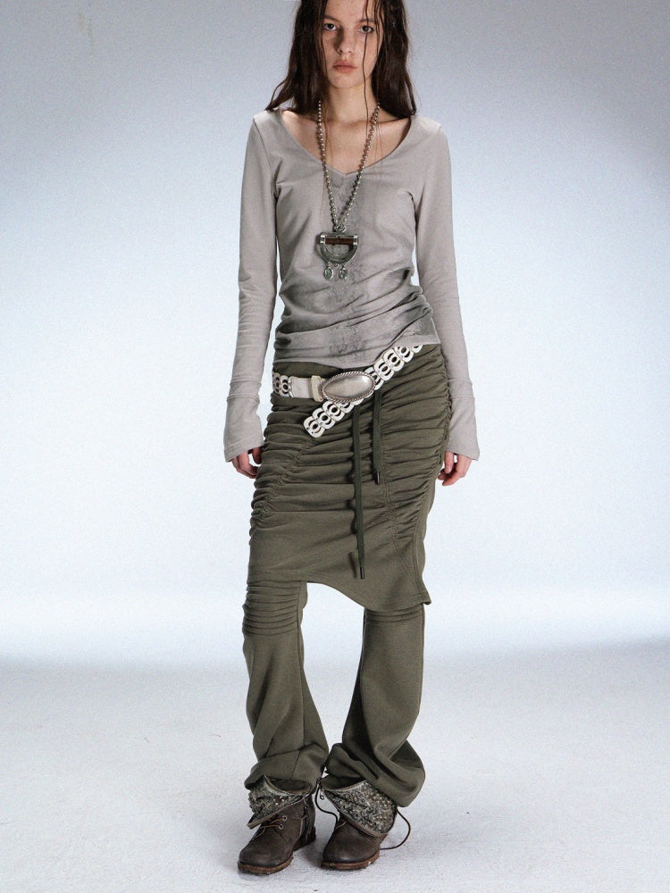 Fake Two Stretch Fabric Shirring Layered Skirt Scimitar Casual Sweat Pants【s0000014946】