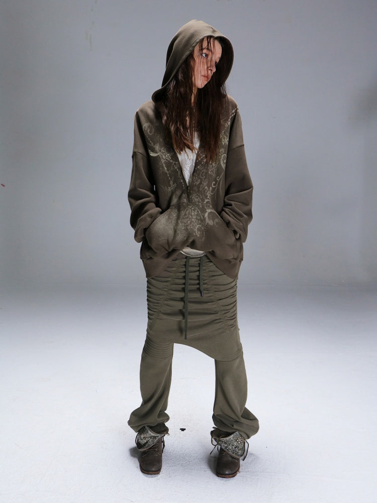 Fake Two Stretch Fabric Shirring Layered Skirt Scimitar Casual Sweat Pants【s0000014946】