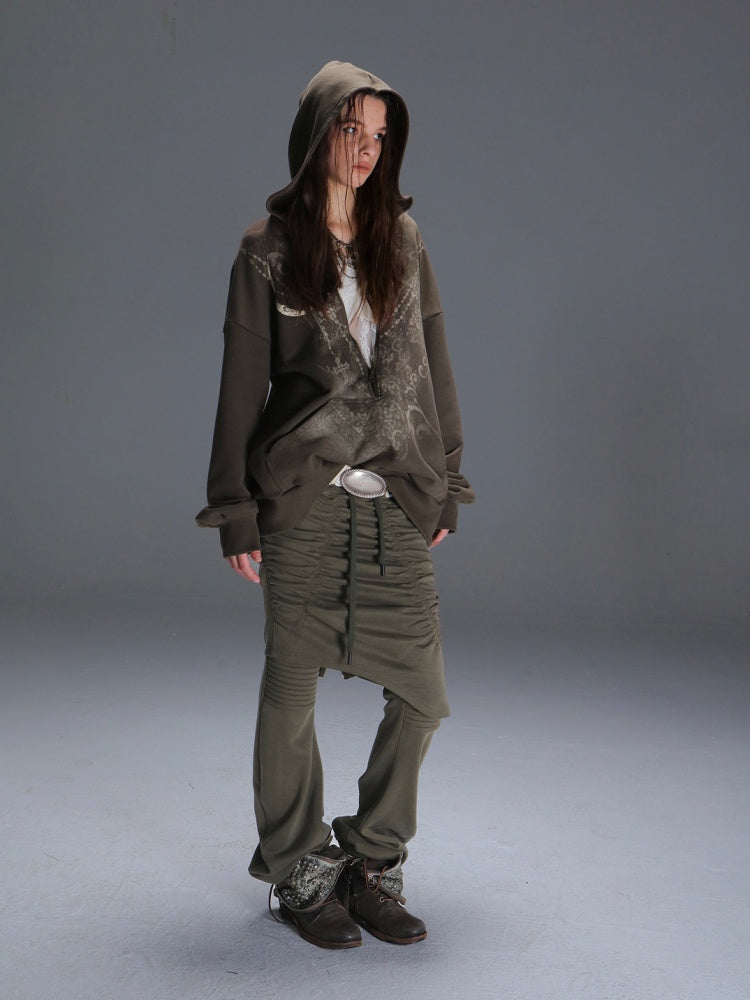 Fake Two Stretch Fabric Shirring Layered Skirt Scimitar Casual Sweat Pants【s0000014946】