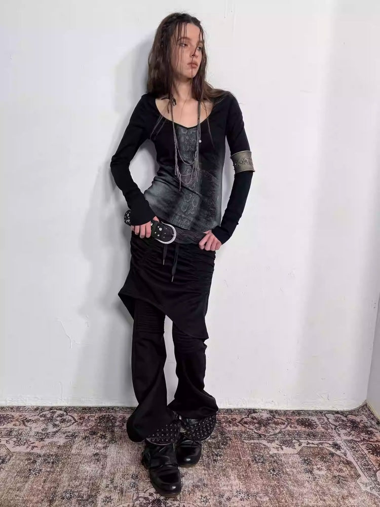 Fake Two Stretch Fabric Shirring Layered Skirt Scimitar Casual Sweat Pants【s0000014946】