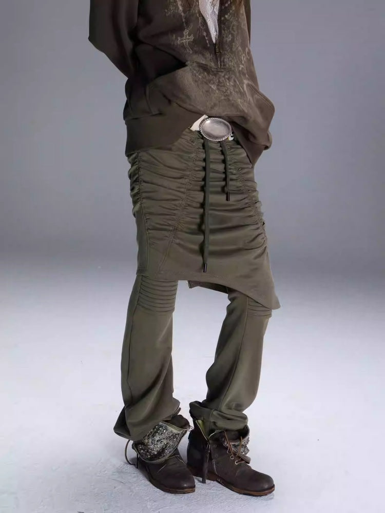 Fake Two Stretch Fabric Shirring Layered Skirt Scimitar Casual Sweat Pants【s0000014946】
