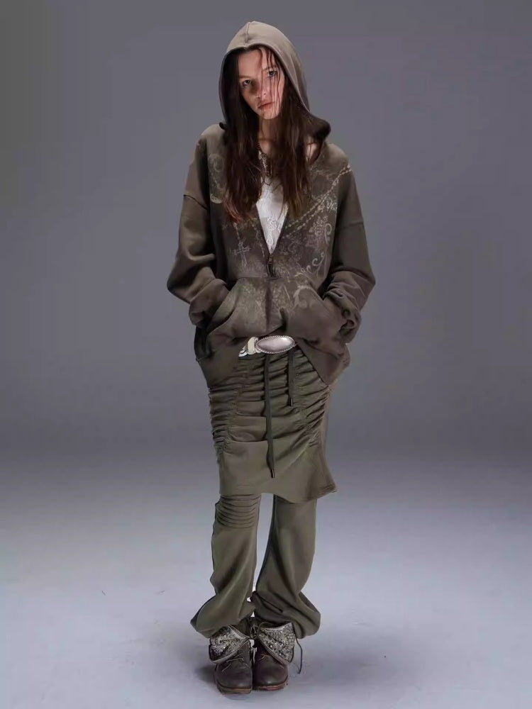 Fake Two Stretch Fabric Shirring Layered Skirt Scimitar Casual Sweat Pants【s0000014946】