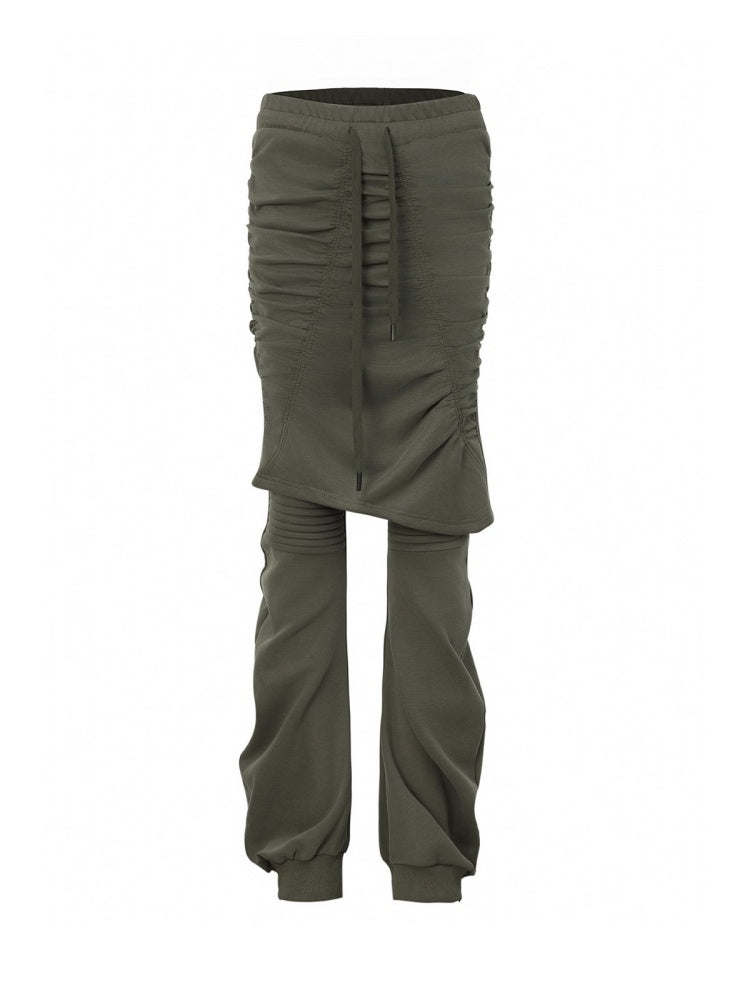 Fake Two Stretch Fabric Shirring Layered Skirt Scimitar Casual Sweat Pants【s0000014946】