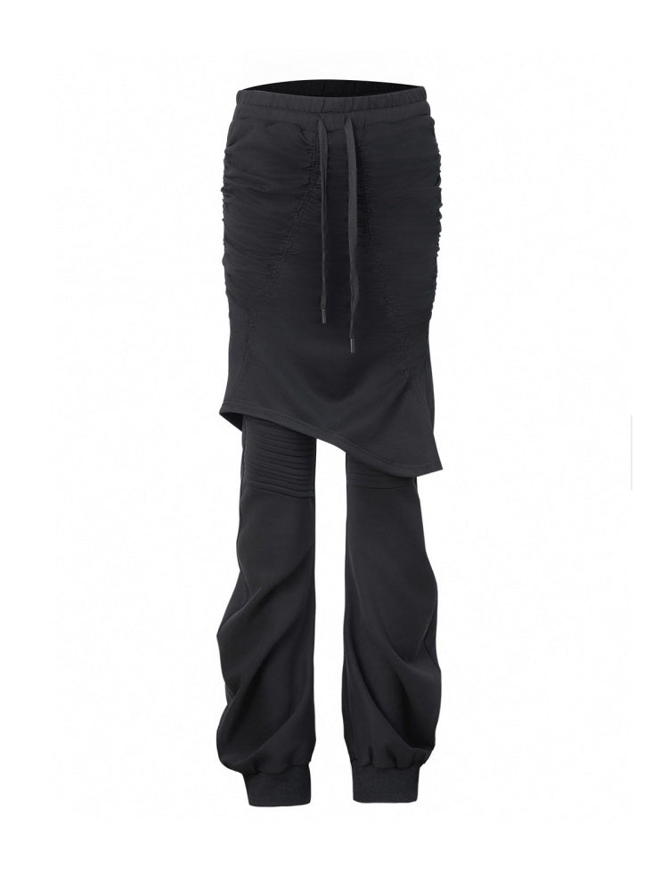 Fake Two Stretch Fabric Shirring Layered Skirt Scimitar Casual Sweat Pants【s0000014946】