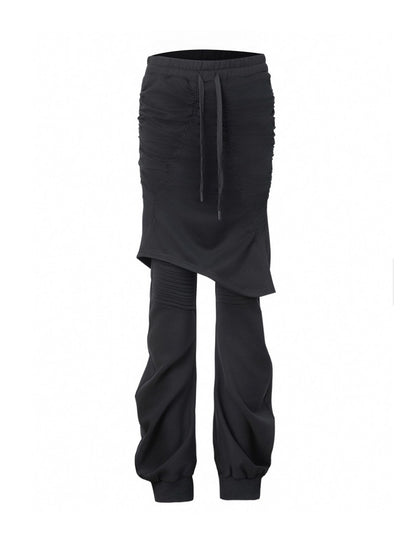 Fake Two Stretch Fabric Shirring Layered Skirt Scimitar Casual Sweat Pants【s0000014946】