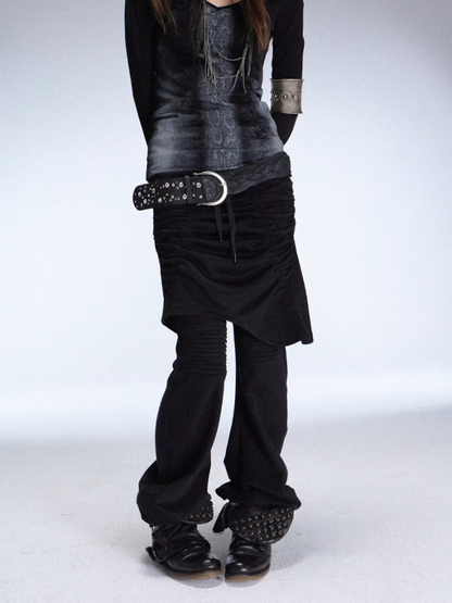 Fake Two Stretch Fabric Shirring Layered Skirt Scimitar Casual Sweat Pants【s0000014946】