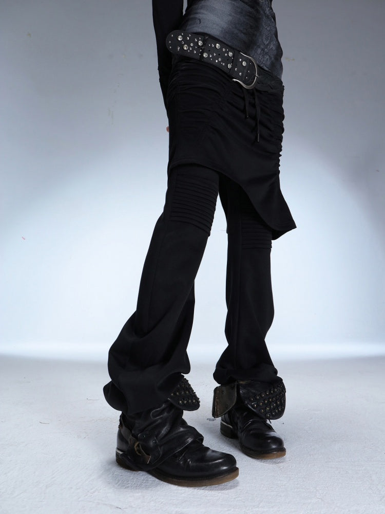 Fake Two Stretch Fabric Shirring Layered Skirt Scimitar Casual Sweat Pants【s0000014946】