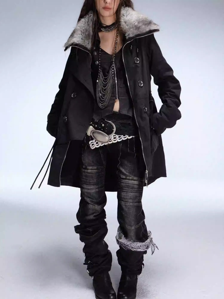 "Wandering In The Snow" Artist Student Double-Breasted Fur Collar Loose Midi Fleece Jacket【s0000014947】