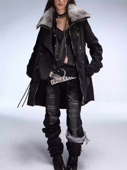 "Wandering In The Snow" Artist Student Double-Breasted Fur Collar Loose Midi Fleece Jacket【s0000014947】