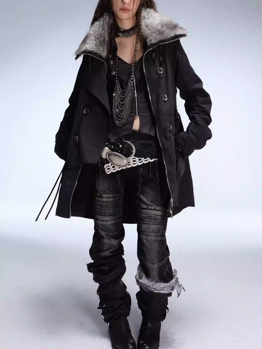 "Wandering In The Snow" Artist Student Double-Breasted Fur Collar Loose Midi Fleece Jacket【s0000014947】