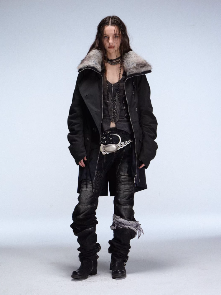 "Wandering In The Snow" Artist Student Double-Breasted Fur Collar Loose Midi Fleece Jacket【s0000014947】