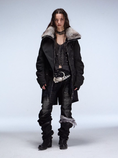 "Wandering In The Snow" Artist Student Double-Breasted Fur Collar Loose Midi Fleece Jacket【s0000014947】