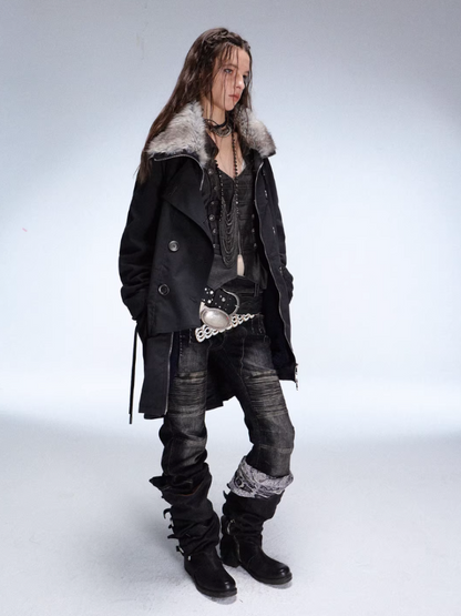 "Wandering In The Snow" Artist Student Double-Breasted Fur Collar Loose Midi Fleece Jacket【s0000014947】