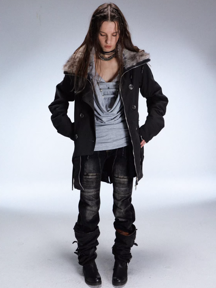 "Wandering In The Snow" Artist Student Double-Breasted Fur Collar Loose Midi Fleece Jacket【s0000014947】